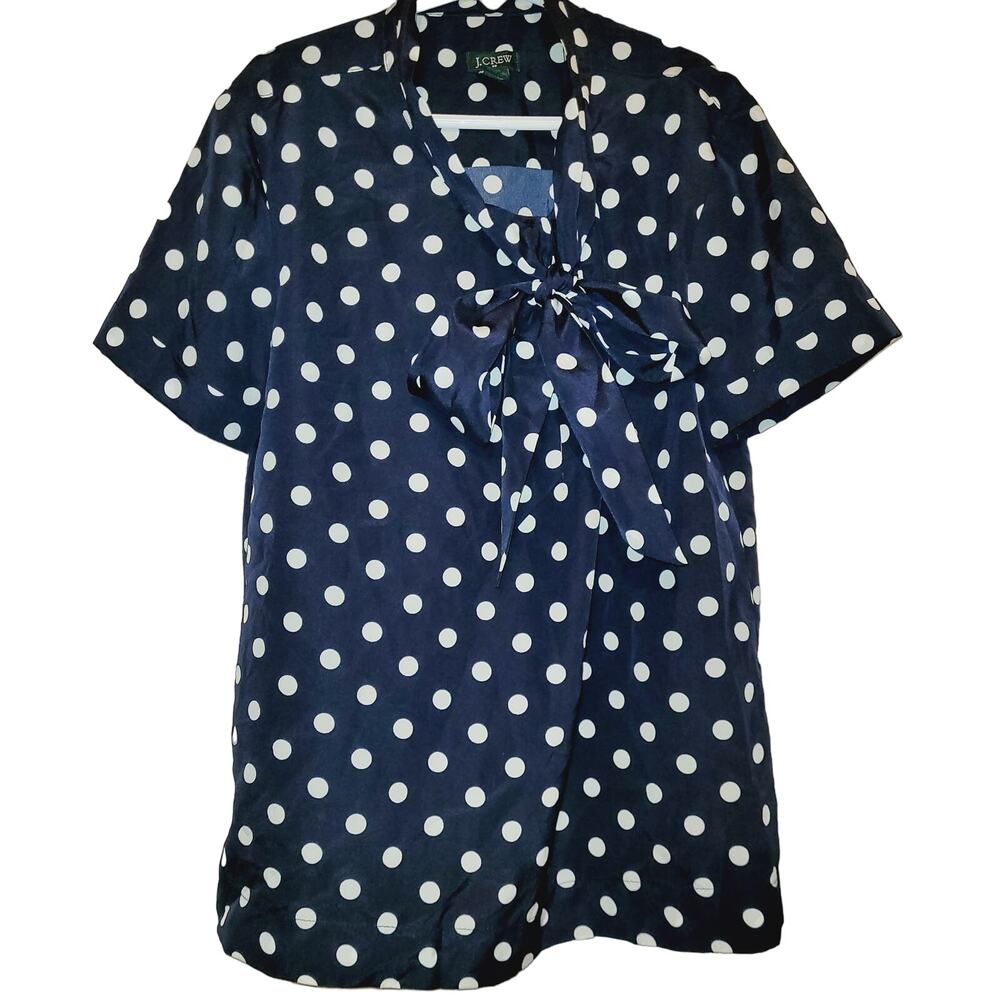 J. Crew blue polka-dot retro tie neck top Size 2 Preppy Officecore Classic
